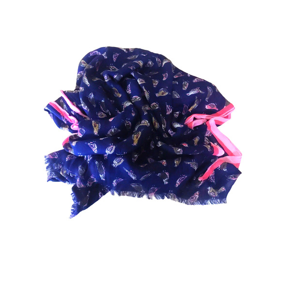Scarf Bird Pheasant Print Navy Blue Pink Brown Rectangle Lightweight 76" X 25" - Picture 4 of 6